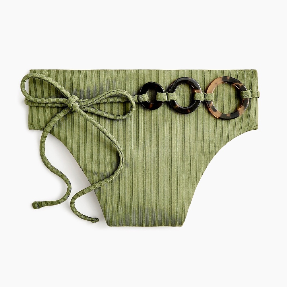 J. Crew Wide-Rib High-Rise Bikini Bottom Three-Rings Belt Stretch Lined Olive